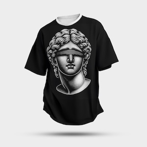 May include: Black t-shirt with a white graphic of a blindfolded bust sculpture.