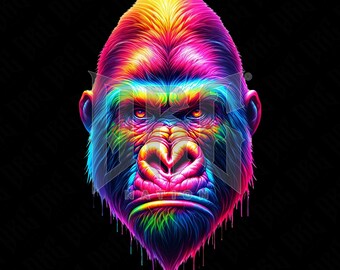 Colorful Neon Gorilla Portrait PNG