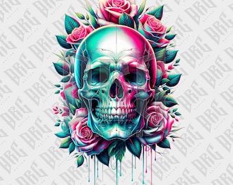 May include: A blue and pink skull with dripping paint surrounded by pink roses and green leaves.