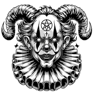 Peut inclure: Illustration en noir et blanc d'un clown démoniaque avec de grandes cornes, un col à volants et un pentagramme sur le front. Le clown a des yeux blancs, des marques noires et une expression sinistre. L'image est détaillée.