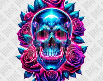 May include: A blue and pink skull with glowing eyes surrounded by pink roses and blue leaves.