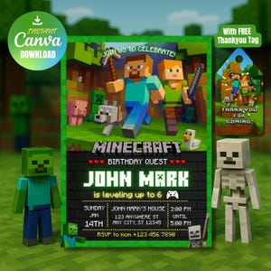 Editable Pixel Block Birthday Invitation Template, Gamer Party Invite, Pixel Style, Editable Canva,  invitations, Gamer invitations Pixel MC