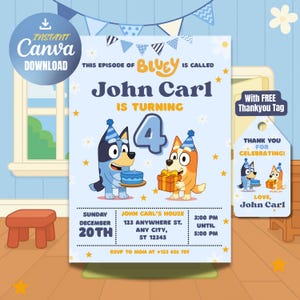 Invitación de cumpleaños editable de Bluey, invitación para fiesta de Bluey Boy, fiesta de cumpleaños de Bluey, invitación para fiesta de cumpleaños, Canva editable, invitación para fiesta de Bluey