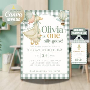Editable One Silly Goose Birthday Invitation Template, Goose 1st Birthday, Goose Invitation, Boy 1st Birthday Green Invite, Goose Boy Invite