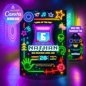 Arcade Party Invitation Template, Arcade Invitation, Neon Glow Invite, Arcade Birthday, Boys Gamer Party, Video Game Party, Editable Canva