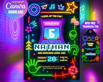 Arcade Party Invitation Template, Arcade Invitation, Neon Glow Invite, Arcade Birthday, Boys Gamer Party, Video Game Party, Editable Canva