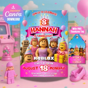 Editable Roblox Birthday Invitation Template, Game Party Invite for Girls, Kids Gaming Theme, Roblox Girls, Canva Template, Instant Download