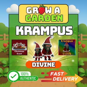 May include: A digital graphic promoting a Christmas event with the text "Grow a Garden" and "Krampus." The image features pixelated Krampus figures in Santa hats and red suits, with the word "Divine" in an orange banner. A green checkmark and the words "100% Authentic" are also present.