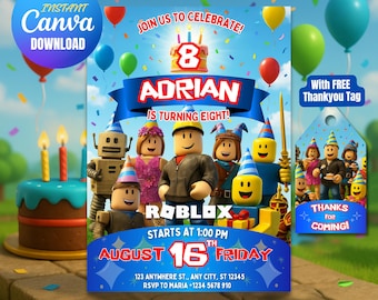 Editable Roblox Birthday Invitation Template, Game Party Invite for Boys, Kids Gaming Theme, Roblox Boys, Canva Template, Instant Download