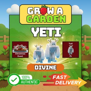 May include: A digital graphic promoting a "Grow a Garden" game, featuring a Yeti character. The image includes text that says "Yeti", "Divine", "Christmas Event", "100% Authentic", and "Fast Delivery". The Yeti is white and blue.