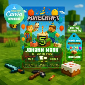 Invito di compleanno Minecraft per ragazzi / Invito per festa in pixel modificabile / Modello Canva per giocatori / Download digitale / Tema festa in blocchi M02