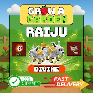 Puede incluir: Ilustración digital que promociona "Grow a Garden" con un par de criaturas Raiju estilizadas. La imagen incluye el texto "RAIJU" y "DIVINE", junto con otros elementos gráficos y las palabras "100% AUTHENTIC" y "FAST DELIVERY".