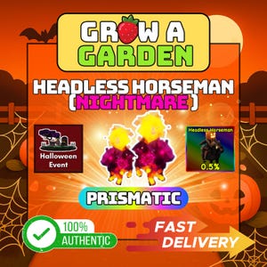 May include: A Halloween-themed graphic with orange and yellow hues, promoting a "Grow a Garden" event. The image displays "Headless Horseman (Nightmare)" text, a "Halloween Event" icon, and a "Prismatic" banner, with a "Fast Delivery" arrow.