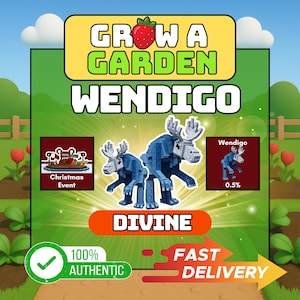 May include: A game advertisement with the text "Grow a Garden" and "Wendigo." The image displays a blue, blocky moose-like creature, with additional text indicating a "Christmas Event" and "Divine" status. A green checkmark reads "100% Authentic."