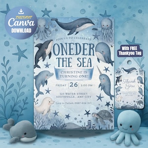 Oneder the Sea Birthday Invitation Printable, Under the Sea Editable Template, 1st Birthday Invite, Ocean Animals Girls Under the Sea Invite