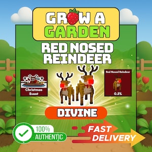May include: A promotional graphic for a game called "Grow a Garden" featuring pixelated reindeer with red noses. The image includes text that says "Christmas Event", "Divine", "100% Authentic", and "Fast Delivery".