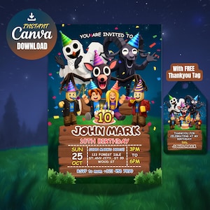 May include: A digital birthday invitation with a whimsical design. The invitation features cartoon characters, including a ghost, deer, and goat, all wearing party hats. The text reads "John Mark 10th Birthday" with event details. Includes a free thank you tag.