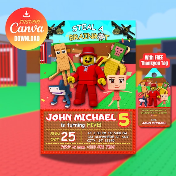 Editable Sammy Steal A Brainrot Birthday Invitation, Digital Invitation, Birthday Invitation, Canva Template Invitation, Digital Download