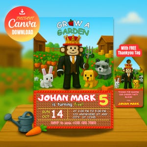 Pode incluir: Um convite colorido para uma festa de aniversário com um personagem de macaco de terno e coroa, segurando um forcado. O convite inclui o texto "Grow a Garden" e "Johan Mark está fazendo cinco anos!" com detalhes do evento e uma etiqueta de agradecimento.