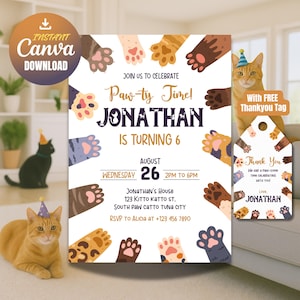 Editable Cat Kitten Birthday Invitation, Cat Party Invite, Let’s Pawty Kitty Boy Birthday, Instant Download, Boy Cat Printable Template D4E