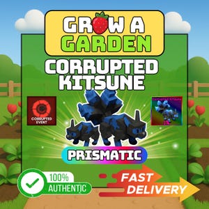 Puede incluir: Gráfico promocional para "Grow a Garden" con un diseño de "Corrupted Kitsune". La imagen incluye una fresa, un zorro prismático y texto que dice "100% Auténtico" y "Entrega Rápida."
