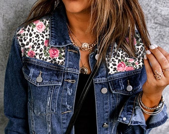 Women's Denim Jacket, Denim Jacket, Flower Denim, Floral Denim, Distressed Women's Denim, Mixed Print Distressed Button Front Denim Jacket