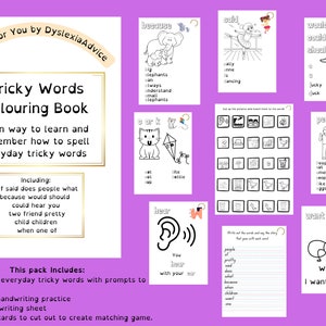 May include: A black and white coloring book with the title "Tricky Words Coloring Book". The book includes 18 sheets of everyday tricky words with prompts to color in, 3 sheets of handwriting practice, 1 blank handwriting sheet, and 2 sheets of cards to cut out to create a matching game.