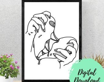 Minimalistic Heart Break Printable Art, Line Art, Hands, Torn Broken Heart, for Teens and Adults, Simple Hangable Art, digital Download