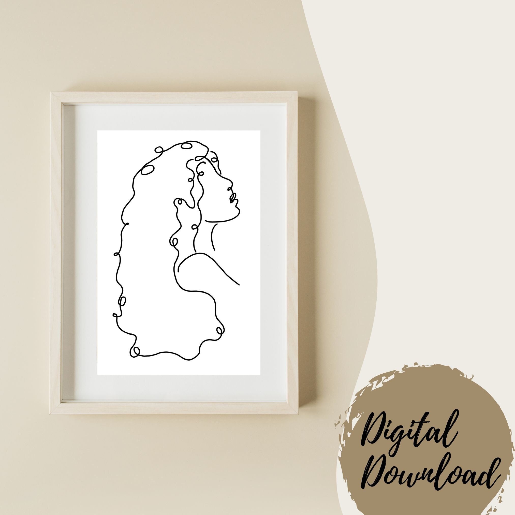 Minimalistic Wavy Hair Printable Art, Line Art, Curly Hair Girl, for