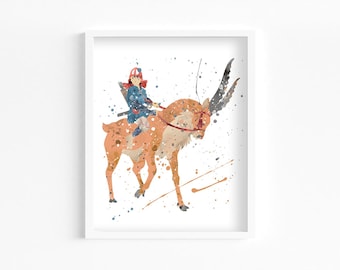 Ashitaka and Yakul Watercolor Print, Home Decor, Wall Art, Nursery, Manga and Anime Poster