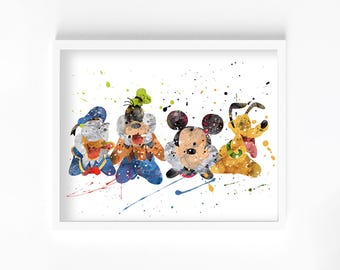 Donald, Goofy, Mickey, and Pluto Watercolor Print, Home Decor, Wall Art, Kids' Nursery Poster