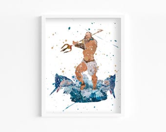 Poseidon Watercolor Print, Home Decor, Wall Art, Game Greek Mythology Legend Poster