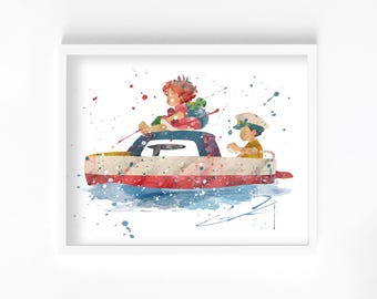 Ponyo Sosuke on Boat Watercolor Print, Home Decor, Wall Art, Manga, Anime
