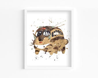 Catbus Watercolor Print, Home Decor, Wall Art, Nursery, Kids and Children Poster
