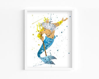 King Triton Watercolor Print, Home Decor, Wall Art, Nursery Kids Poster