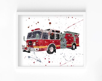 Fire Truck Watercolor Print, Home Decor, Wall Art, Nursery Kids Poster