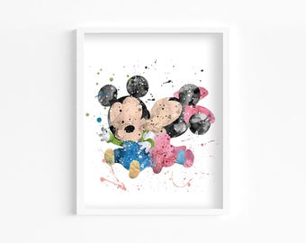 Baby Minnie Mickey Watercolor Print, Nursery Poster