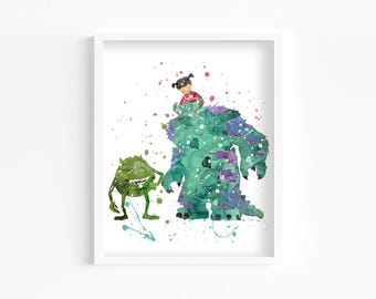 Mike, Sulley, and Boo Watercolor Print, Home Decor, Wall Art, Nursery, Kids and Children Poster