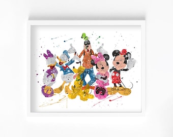 Mickey and Friends Watercolor Print, Home Decor, Wall Art, Nursery, Kids and Children Poster
