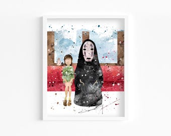 Chihiro and No-Face on Train Watercolor Print Manga Anime Print