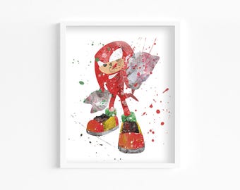 Knuckles Watercolor Print, Home Decor, Wall Art, Game Room, Player Gaming, Retro Poster