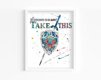 Zelda Quote, Master Sword and Shield Watercolor Print, Game Room, Gamer Retro Poster