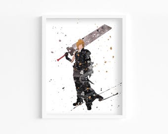 Cloud Strife Watercolor Print, Home Decor, Wall Art, Gaming Room, Gamer Retro Poster