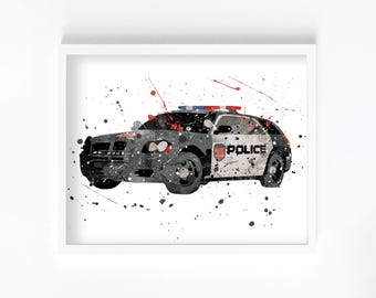 Police Car Watercolor Print, Home Decor, Wall Art, Nursery Kids Poster