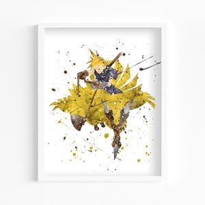 May include: Watercolor art print of a character with spiky blonde hair, wearing a blue and black outfit, and a large yellow cape. The artwork features splatters of yellow, brown, and green paint, set against a white background within a white frame.