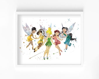 Tinker Bell and Friends Watercolor Print, Home Decor, Wall Art, Nursery Poster