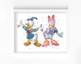 Donald and Daisy Watercolor Print, Home Decor, Wall Art, Nursery, Kids and Children Poster