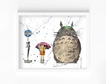 Cat and Friends at Bus Stop Watercolor Print, Home Decor, Wall Art, Manga, Anime