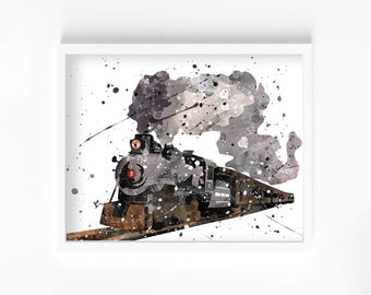 Classic Train Watercolor Print, Home Decor, Wall Art, Nursery Kids Poster