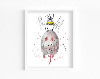 Boh and Yubaba's Bird Watercolor Print, Home Decor, Wall Art, Manga and Anime Poster